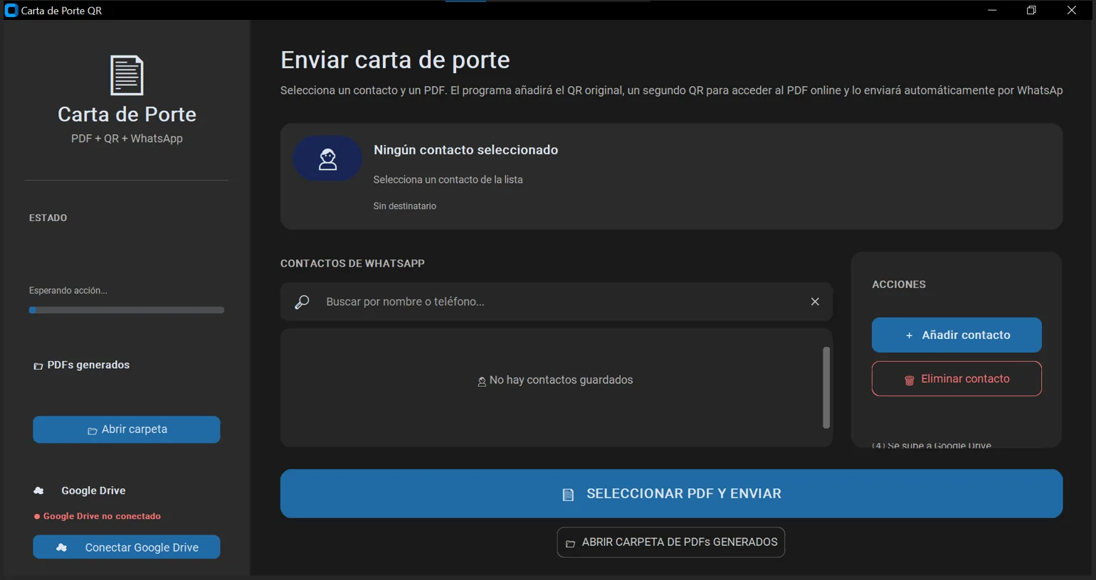 Captura real de la aplicación Carta de Porte QR de EHS Informática